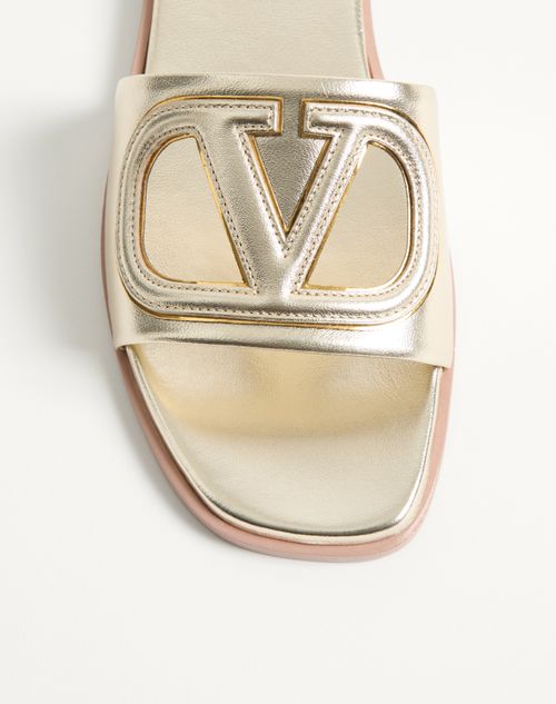 Valentino Garavani - Vlogo Cut-out Laminated Nappa Leather Slide Sandal - Platinum/antique Brass - Woman - Sandals